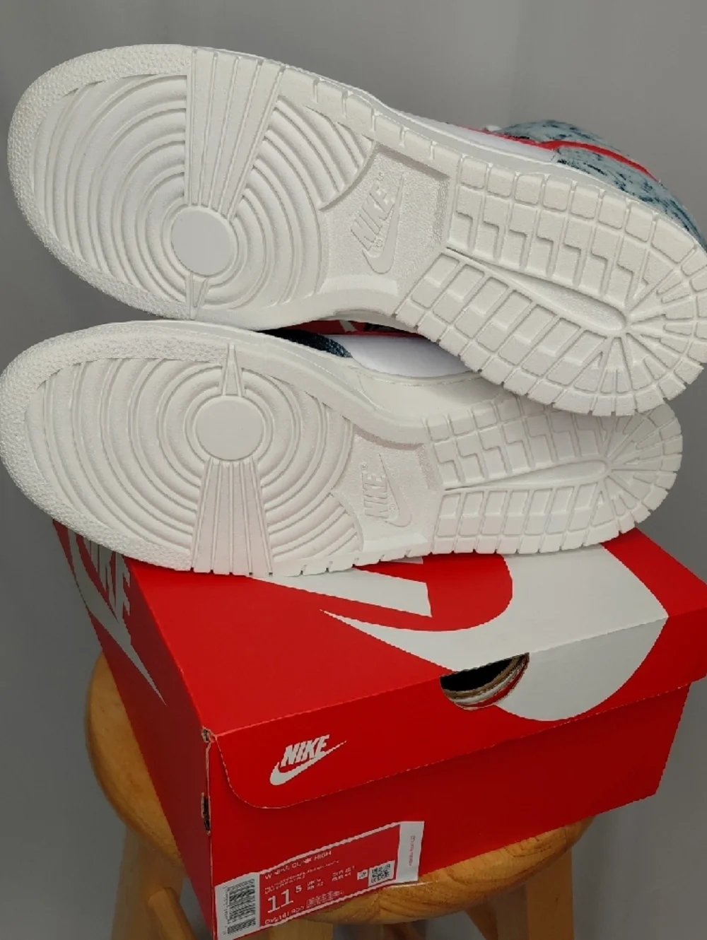 Nike Dunk High White with Red Swoosh and Blue Marble Panels